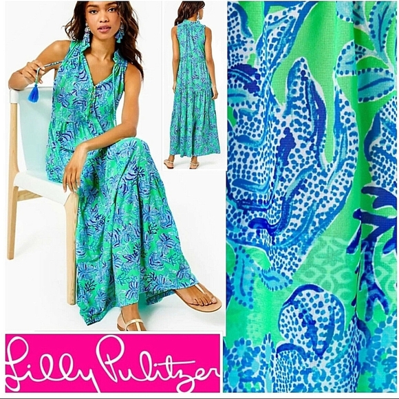 Lilly Pulitzer Dresses & Skirts - Lilly Pulitzer Green & Blue Tropical Print Maxi Dress